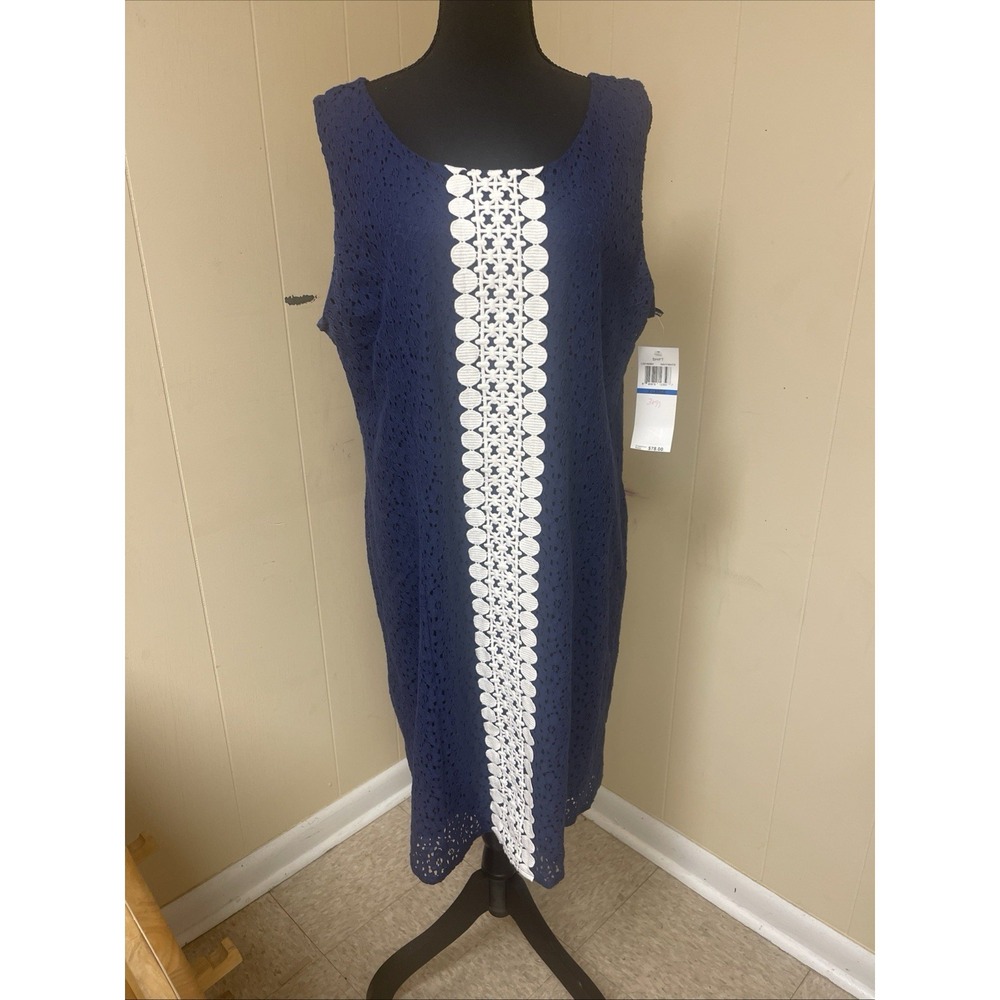 Nina‎ Leonard Sleeveless Shift Dress Size XLarge Navy Blue Eyelet Retro 60s Look